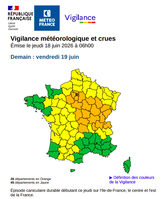 Carte prévisionnelle de vigilance Météo-France pour le vendredi 19 juin 2026. Le Maine-et-Loire pourrait passer en vigilance orange canicule selon l'évolution des températures attendues, dans un contexte d'épisode de chaleur durable sur une large partie du territoire. | Météo-France