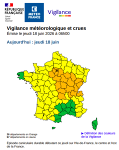 Carte de vigilance Météo-France du jeudi 18 juin 2026. Le Maine-et-Loire est placé en vigilance jaune canicule, tandis qu'une grande partie du centre et de l'ouest du pays est concernée par les fortes chaleurs. | Météo-France