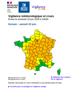 Carte de vigilance canicule annonçant le passage du Maine-et-Loire en vigilance orange à partir du samedi 20 juin à 12h, selon le bulletin de Météo-France publié vendredi à 16h. | Météo France
