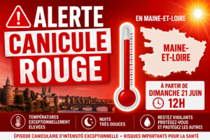Météo-France place le Maine-et-Loire en vigilance rouge canicule à partir du dimanche 21 juin à 12h. Une chaleur exceptionnelle est attendue sur l'ensemble du département.