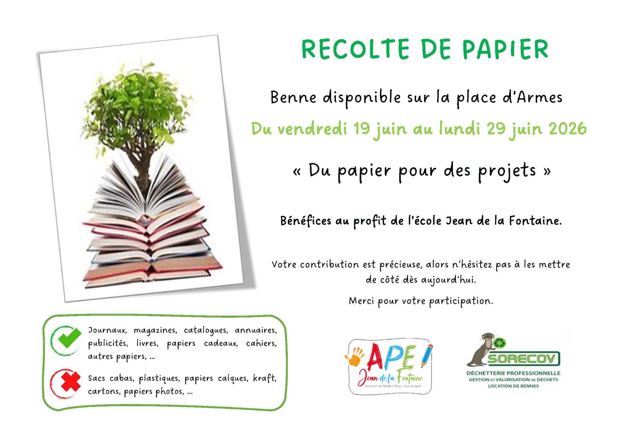 Collecte de papier organisée par l’APE Jean de la Fontaine du 19 au 29 juin à Nueil-sur-Layon