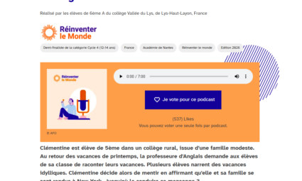 Les élèves de 6e A du collège de la Vallée du Lys engagés dans le concours “Réinventer le monde” avec un podcast