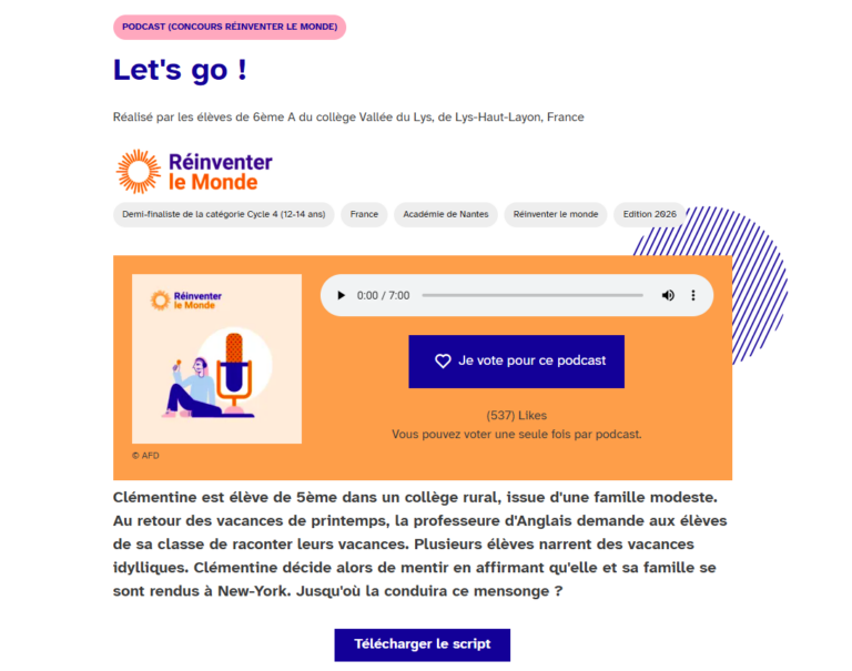 Les élèves de 6e A du collège de la Vallée du Lys engagés dans le concours “Réinventer le monde” avec un podcast