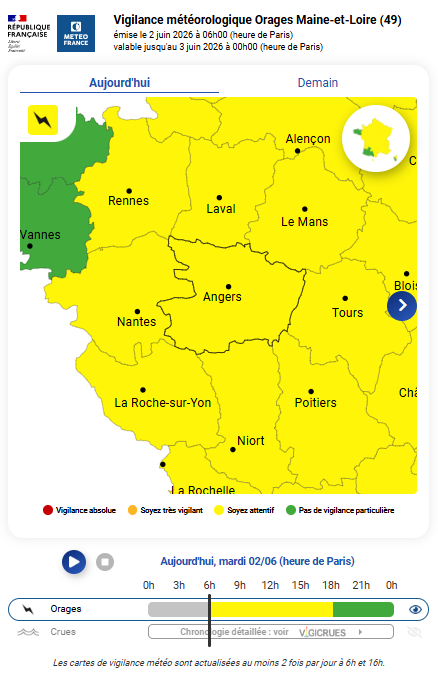 Des orages sont attendus sur le Maine-et-Loire ce mardi 2 juin jusqu'à 18h. | Vigilance.meteofrance.fr