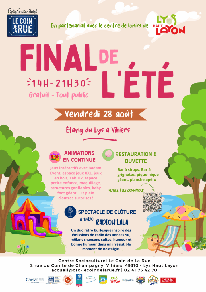Le Centre Socioculturel Le Coin de La Rue et le Centre de loisirs de Lys-Haut-Layon donnent rendez-vous au public pour le « Final de l'été », le vendredi 28 août à l'Étang du Lys, à Vihiers. | Document : Centre Socioculturel Le Coin de La Rue