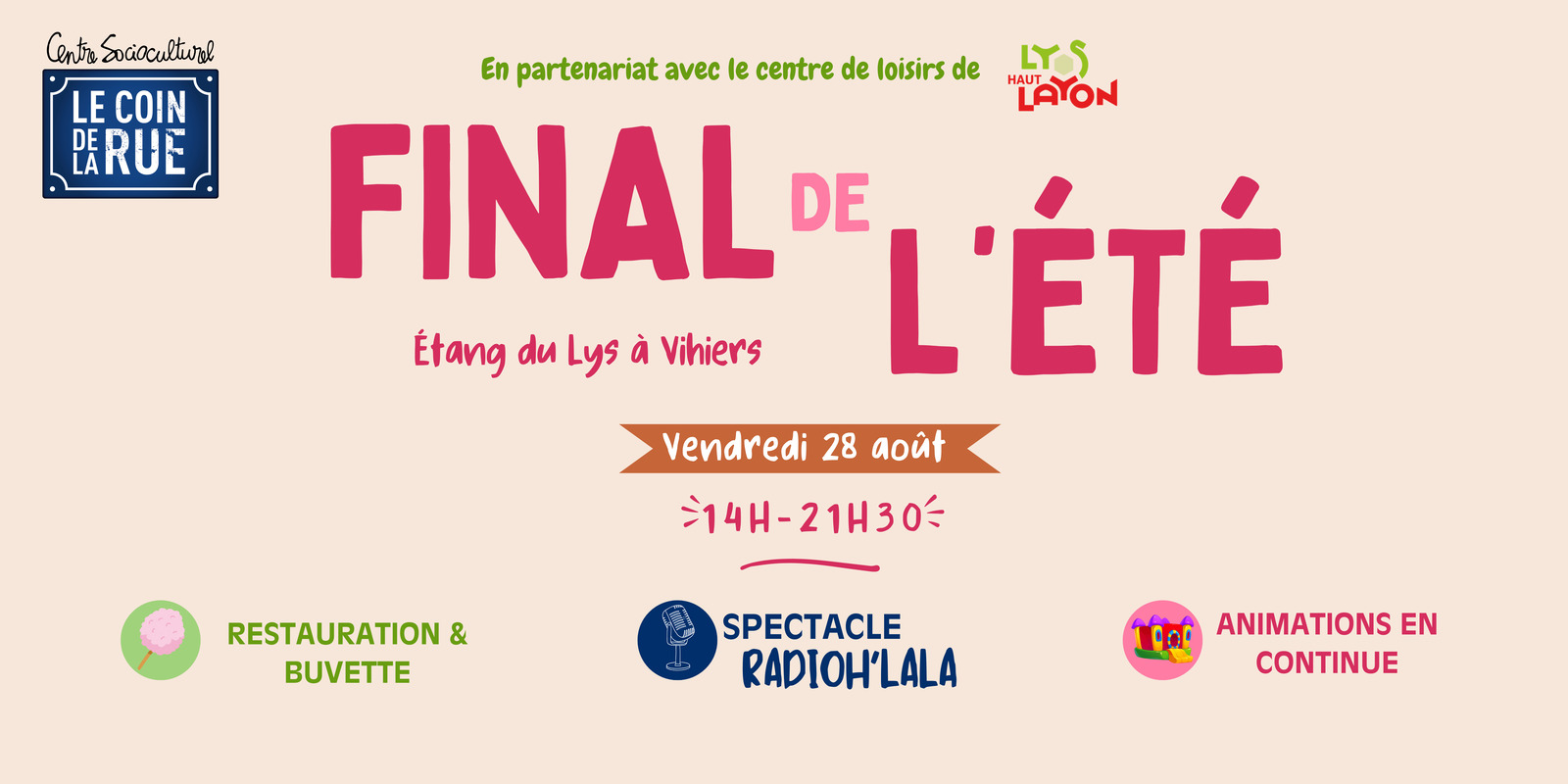Le Centre Socioculturel Le Coin de La Rue et le Centre de loisirs de Lys-Haut-Layon donnent rendez-vous au public pour le « Final de l'été », le vendredi 28 août à l'Étang du Lys, à Vihiers. | Document : Centre Socioculturel Le Coin de La Rue