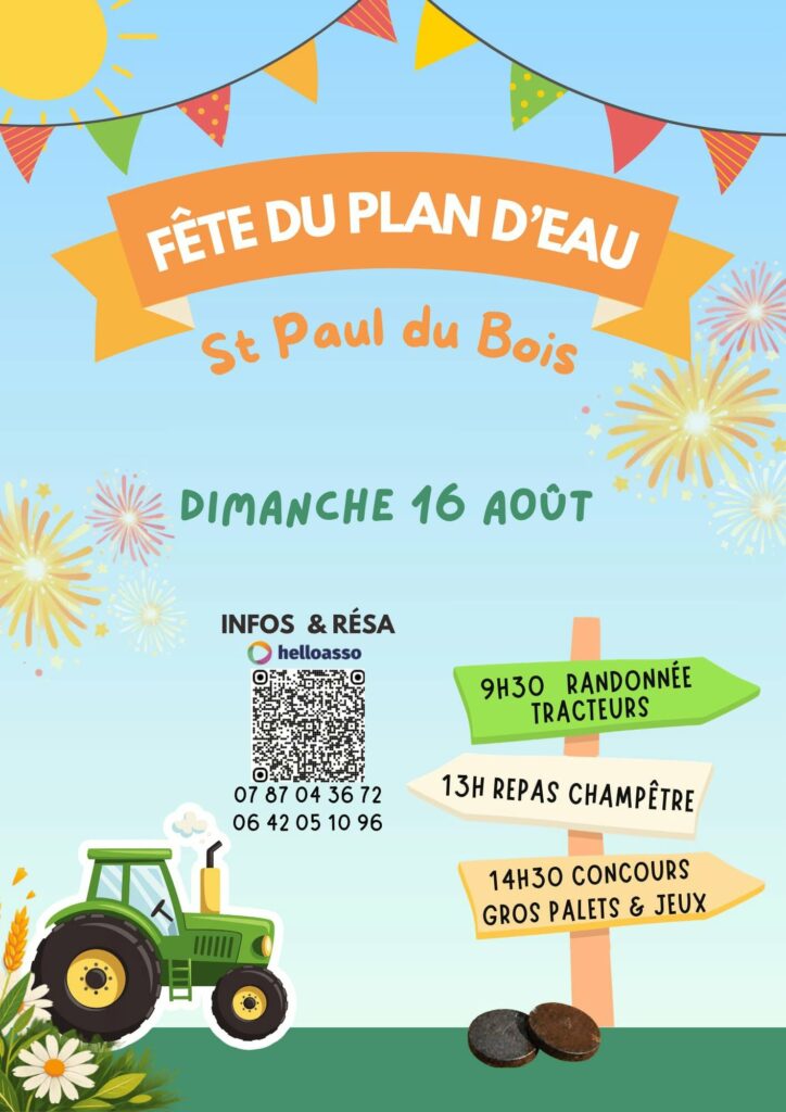 L’affiche de la Fête du Plan d’eau, organisée le dimanche 16 août à Saint-Paul-du-Bois. | Comité des fêtes de Saint-Paul-du-Bois