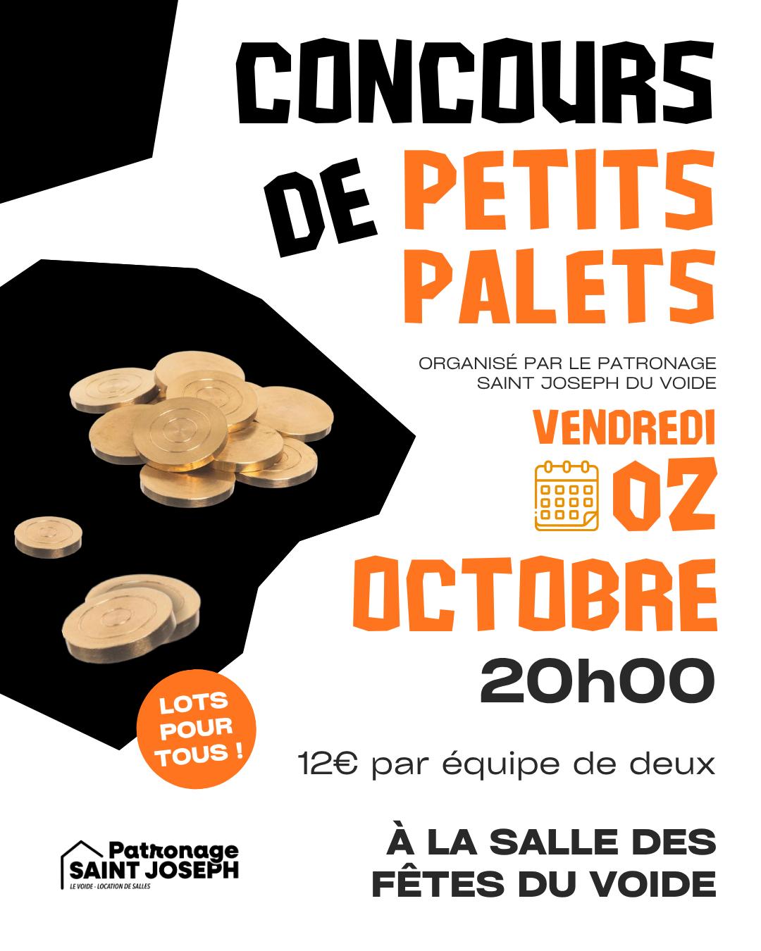 Affiche du concours annuel de petits palets organisé par l’association Patronage Saint Joseph Le Voide, vendredi 2 octobre 2026 à la salle des fêtes du Voide. | Association Patronage Saint Joseph Le Voide