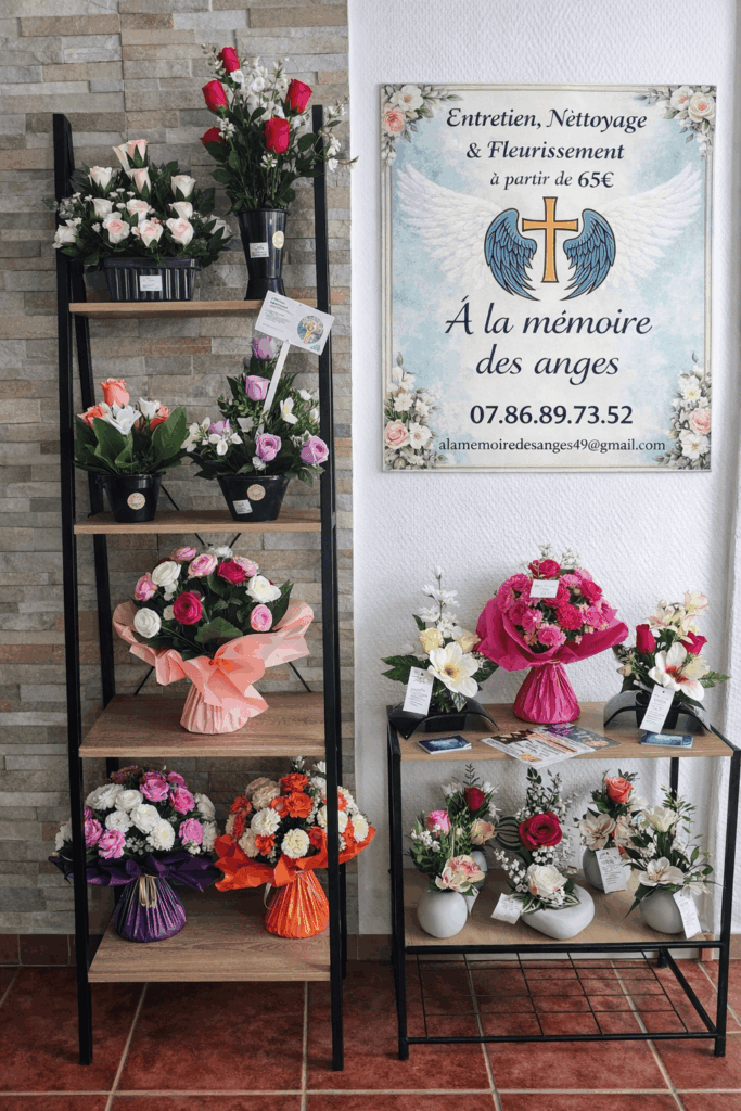 Différentes compositions de fleurs artificielles sont proposées aux familles pour le fleurissement des sépultures. | David Papin
