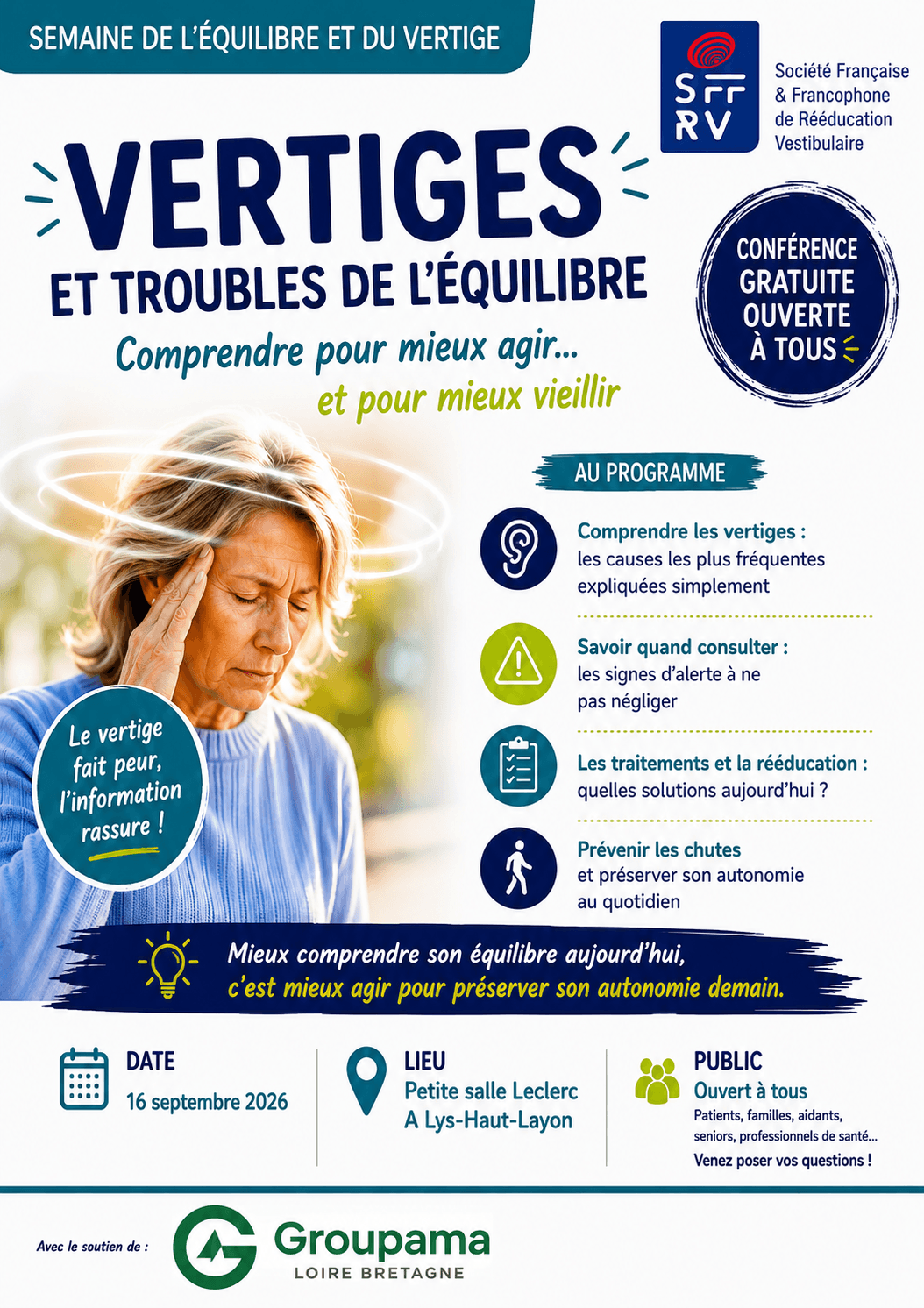Affiche de la conférence publique organisée à Lys-Haut-Layon dans le cadre de la Semaine de l’Équilibre et du Vertige 2026, mercredi 16 septembre, avec deux rendez-vous à 16 h et 20 h. | Document fourni