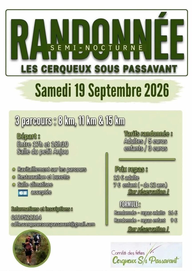 Affiche de la randonnée semi-nocturne organisée par le Comité des fêtes des Cerqueux-sous-Passavant, samedi 19 septembre.