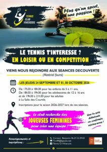 Affiche des séances d’essai et d’inscription proposées par le Tennis Club de Vihiers les 24 septembre, 1er et 8 octobre à la salle des Courtils. | Tennis Club de Vihiers
