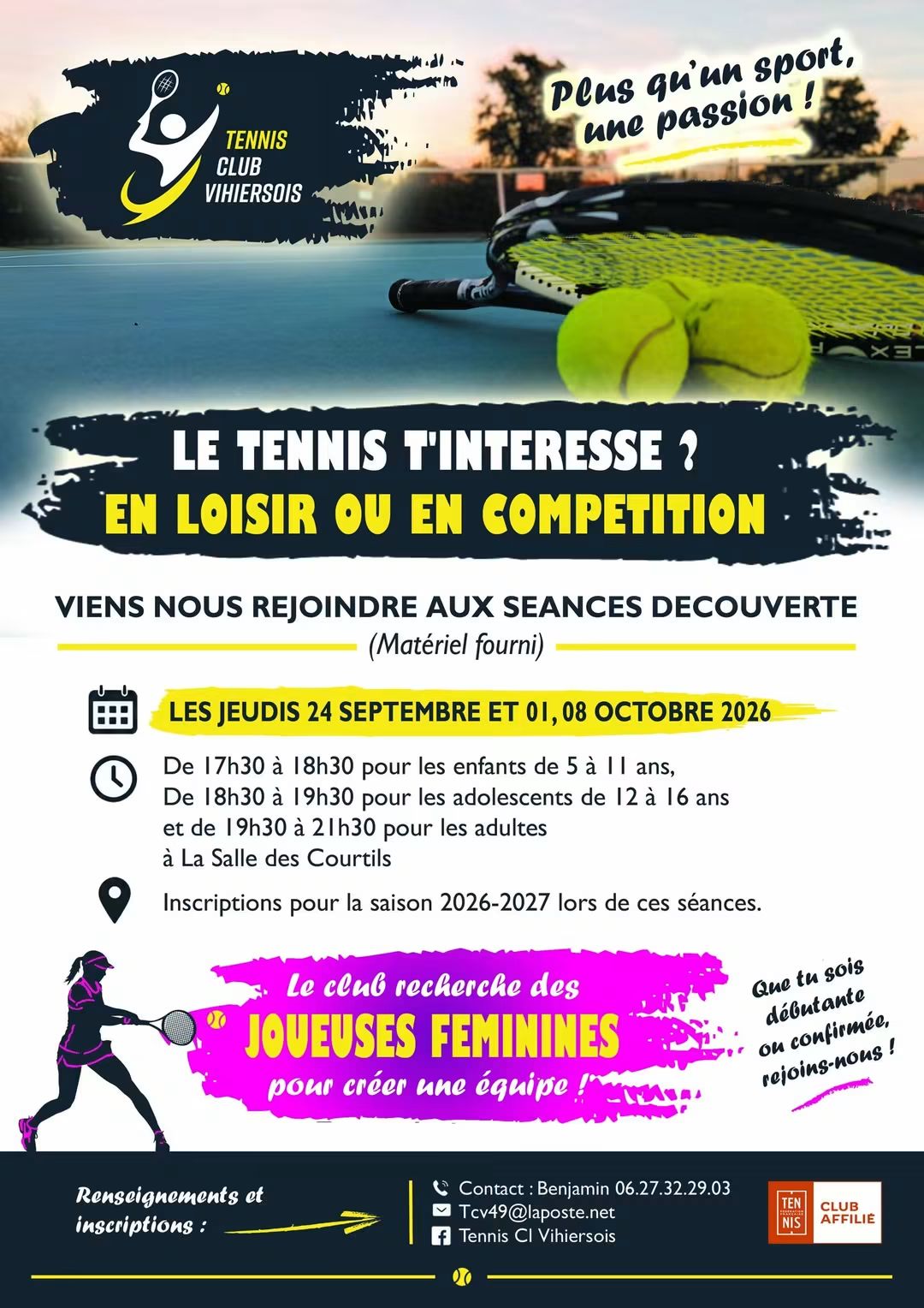 Affiche des séances d’essai et d’inscription proposées par le Tennis Club de Vihiers les 24 septembre, 1er et 8 octobre à la salle des Courtils. | Tennis Club de Vihiers