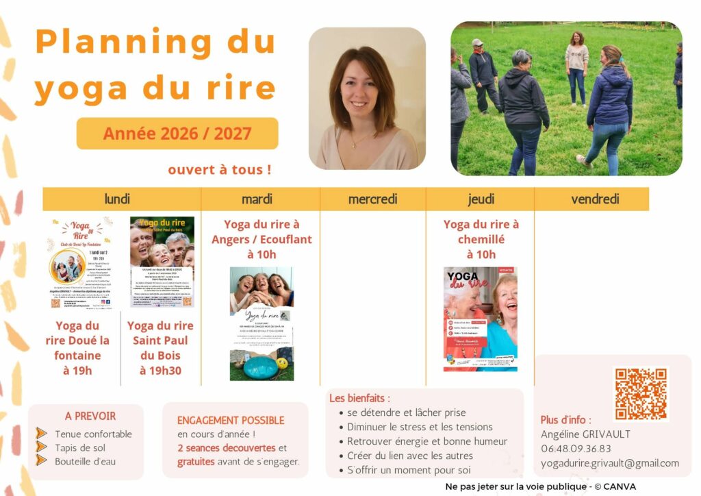 Le planning des séances des différents clubs de yoga du rire proposés par Angéline Grivault. | Angéline Grivault